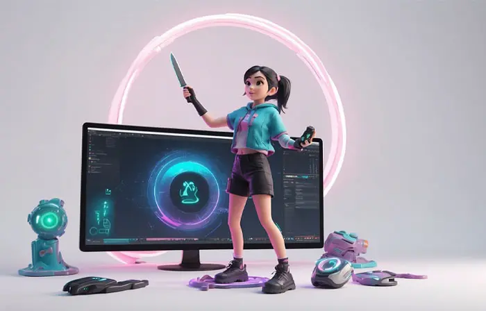 Girl Holding a Gaming Knife 3D Character Design Illustration